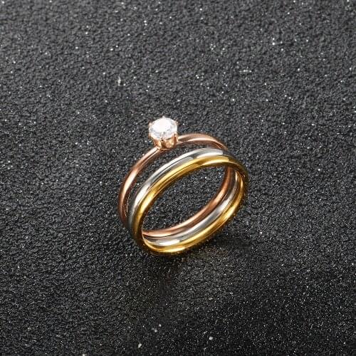 Stainless Steel Fashion Four-Claw CZ Crystal Engagement Rings Mix Color 3pcs Set Rings For Women Men Wedding Jewelry Gift