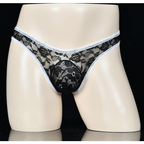 Mens lace underwear pouch bag big egg sexy breathable color matching underwear ultra-thin breathable stockings