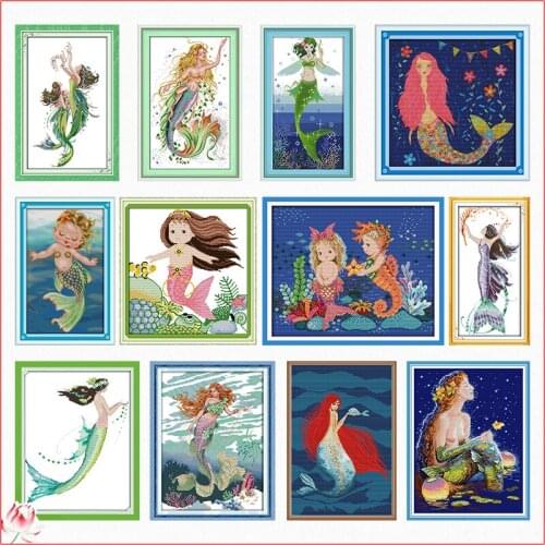 Joy Sunday Mermaid Series Cross Stitch Kit DIY Pattern 14CT 11CT Embroidery Set Needlework Home Decoration Craft Painting Gift