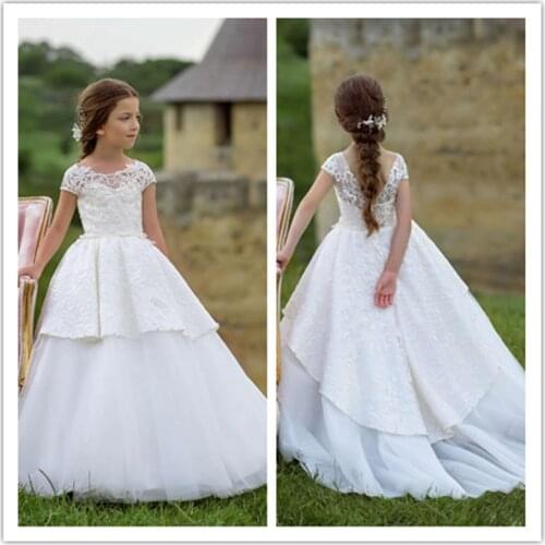 New Lace Flower Girl Dresses For Wedding Appliqued Sheer Jewel Neck Princess A line Girls Pageant Gowns Baby Kids Formal Wear