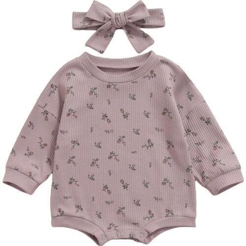 New Infant Long Sleeve Romper + Bow Headband, Flower Print Classic Round Neck Spring Clothing