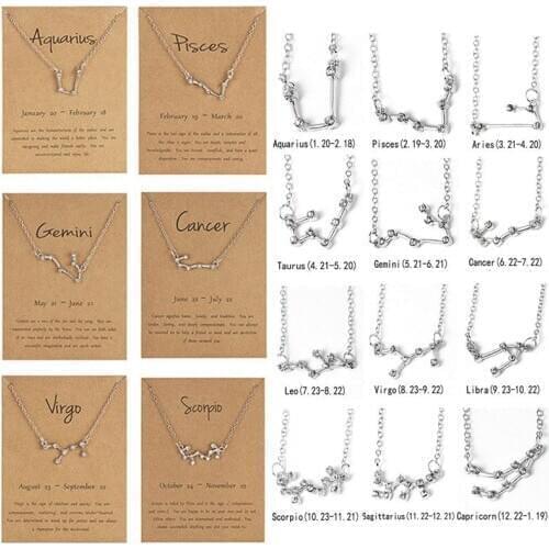 Constellation Pendant Necklace For Women Zodiac Rhinestone Sign Virgo Necklace Leo Libra Aries Wish Card Fashion Jewelry Gifts