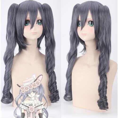Girls Cosplay Black Butler Ciel Phantomhive Wigs for Women Kuroshitsuji Long Grey Hair Wig Ponytail Female C54379AD
