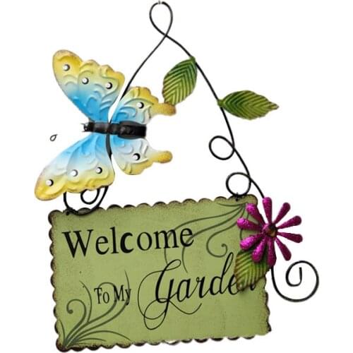 Retro Wrought Iron Welcome Sign Metal Butterfly and Flower Removable Wall Hanging Ornaments Decor for Garden Home GQ