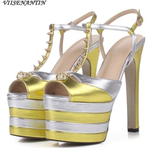 Fish-mouth Stiletto Platform Super High-heeled Sandals with Color Matching and Rivets Metal Decorative High-heeled Shoes