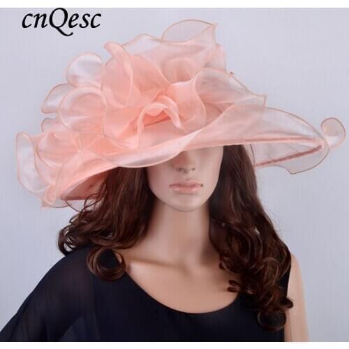 Wholesale NEW Nude pink Wide brim Crystal organza hats church hat for kentucky derby wedding womens hat races.FREE SHIPPING
