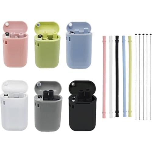 Collapsible Silicone Straws 5 Colors Travel Portable Reusable Drinking Straw With Flexible Cleaning Brush And Protector Box
