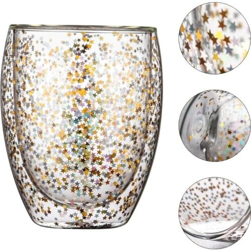 1 Pc Double Wall Glass Cup,Fancy Star Insulated Glass Coffee Mug,Milk Cup,Tea Cups,Espresso Cup, Best Christmas for Women,Kid