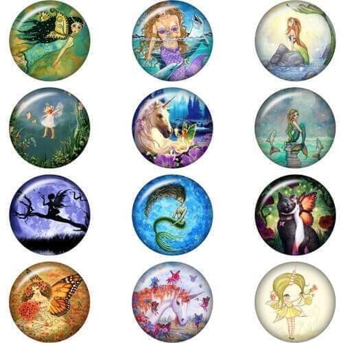 50Mixed Glass Snap Button Jewelry Mermaid Elf Girls For DIY 18MM Button Snap Bracelet Necklace Jewelry