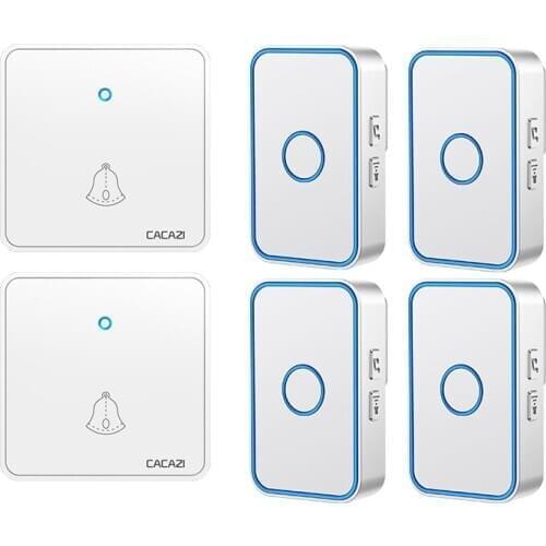 CACAZI Smart Wireless Doorbell 60 Chimes 0-110dB Waterproof Home Cordless Flash Door Ring Bell US EU UK Plug 2 Button 4 Receiver