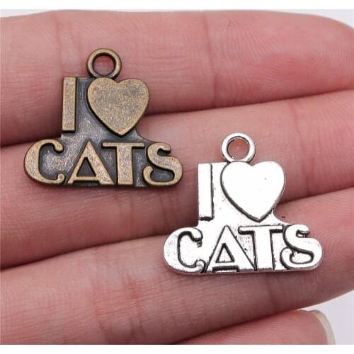 WYSIWYG 10pcs Charms I Heart Cats Jewelry Findings 2 Colors Antique Bronze Plated 23x21mm I Heart Cats Charms