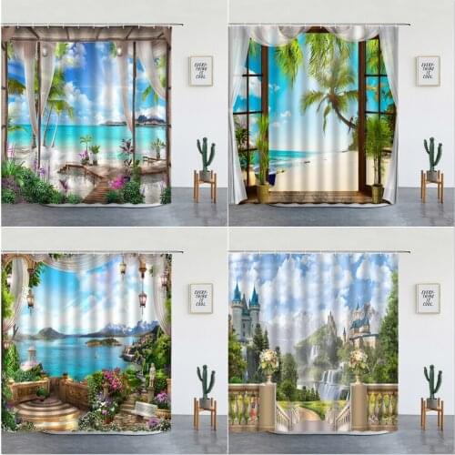 Ocean Scenery Shower Curtains Ldyllic Building Flower Plant Spring Landscape Bathroom Curtain Waterproof Fabric Bathtub Screen