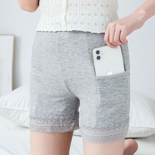 Safety pants with pockets womens anti-glare lace summer thin cotton large size womens boxer shorts threaded leggings