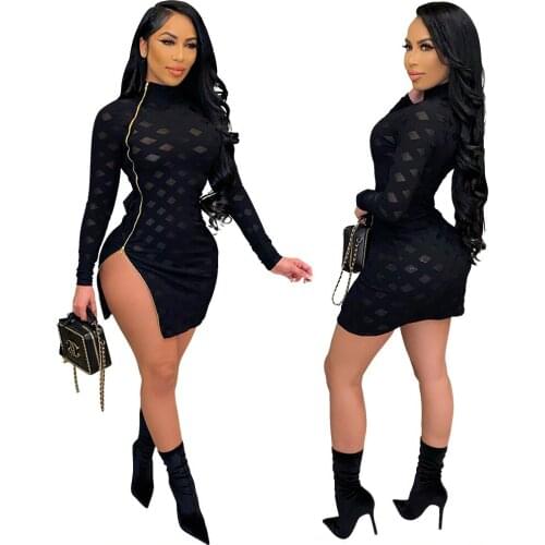 2021 Women Black Sexy Perspective Zipper Half High Collar Split Bodycon Ladies Dresses