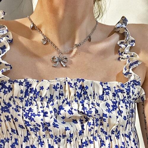 Bow-knot Heart Necklace Pendant For Women Punk Silver Color Geometric Heart Pendant Necklaces Jewelry 2021 New Trend Fashion