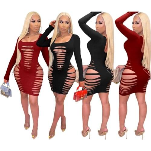 Sexy Ribbed Long Sleeve Dress Autumn Club Party Wear Women Cut Out Backless Bodycon Dresses Nightclub Clothes 2021 Solid Dress
