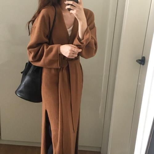 Fall Winter Women Loose Long Sleeve Coat Long Chic Sweater Outerwear Sash Tie up Elastic Knitted Cardigan Fashion Female Jackets