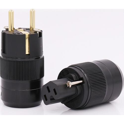 1 Pair X EU Plug 24K Gold Plated EU Schuko Plug +IEC Female Connector For hifi Power Cable