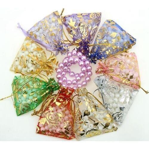 50Pcs/lot 7X9cm 9X12cm 11X16cm 13X18cm Gold Love heart rose Organza bag Wedding voile gift Christmas Bags Jewelry packing