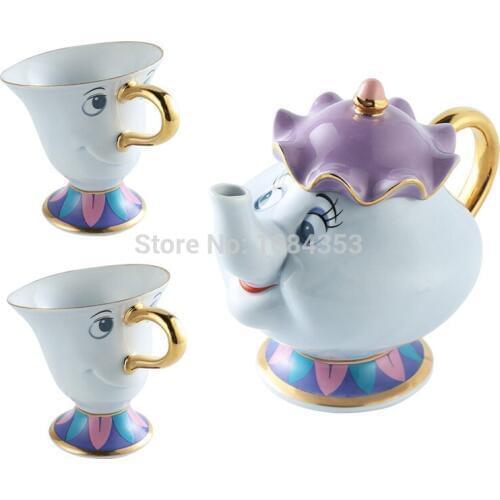 [1 POT + 2 CUPS] New Cartoon Beauty And The Beast Tea Set Mrs Potts Teapot Chip Coffee Cup Pot Mug Ceramic Kettle Gift