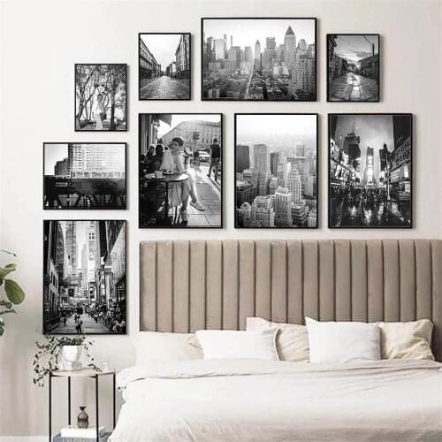 Black and White Beauty Women Coffee Shop Poster Architecture Art Prints Streetscape Canvas Painting Nordic Pictures Home Decor