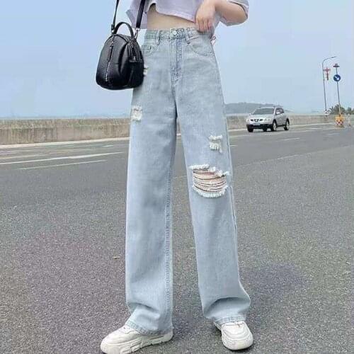 Zoki Hole Denim Jeans Women Straight Casual Ripped Jeans High Waist Light Blue Lady Pants Korean style Autumn Fashion New 2021