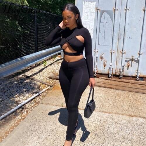 Hugcitar 2021 Solid Longsleeves Navel Hollow Out Sexy Top Leggings Set Summer Women Fashion Streetwear Outfits Y2K Kpytomoa Slim