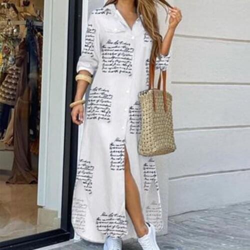 Fashion Women Printed Long Dress Autumn Long Sleeve Shirt Dresses Laides Turn-down Collar OL Loose Sundress Party Dresses