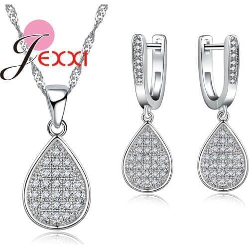 Brand Luxury Waterdrop 925 Sterling Silver Crystal Pendant Necklaces Earrings Women Wedding Jewellery Set