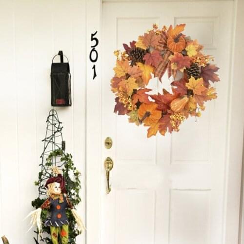 20 Inch Autumn Wreath Artificial Maple Leaf Berries Pumpkin Fall Garland Hanging Ornaments Halloween Thanksgiving Decor