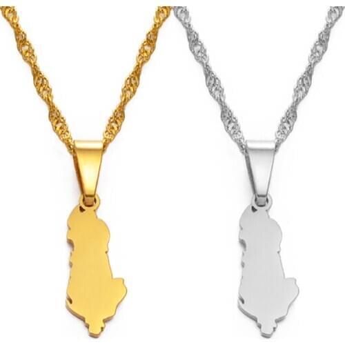 Anniyo 1.8CM Small Size Albania Map Pendant Necklaces for Women Girls Gold Color/Silver Color Albanian Jewelry #146921