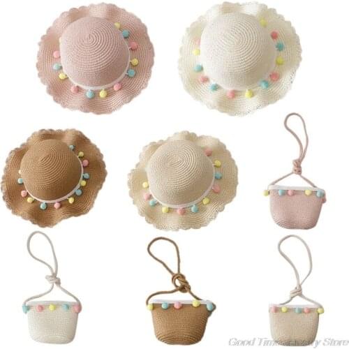 Kids Girls Large Wide Brim Straw Woven Sun Protection Beach Hat Colorful Pompom Ball Summer Floppy Bucket Cap M20 21