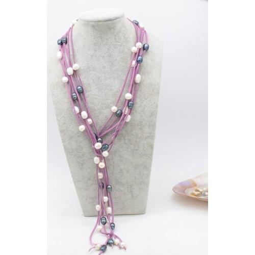Freshwater pearl white/black egg /round 9-11mm +violet leather necklace 63inch nature handmake wholesale FPPJ