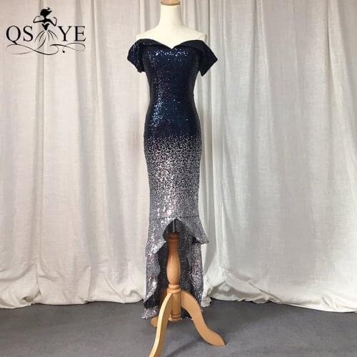 Navy Short Evening Dresses 2021 Mermaid Side Sleeves Evening Gown Glitter Split Party Dress Off Shoulder Sequin Formal Dress