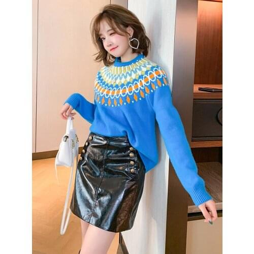 Chromatic geometry design mix knitted raglan sleeve loose knitting sweater dress winter new High Quality