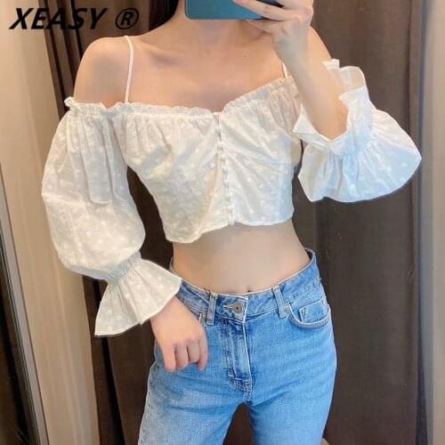 XEASY Za Women Top Floral Embroidery Cropped Blouse Long Sleeve Off Shoulders Sexy Summer Blouses White Embroidered Shirt