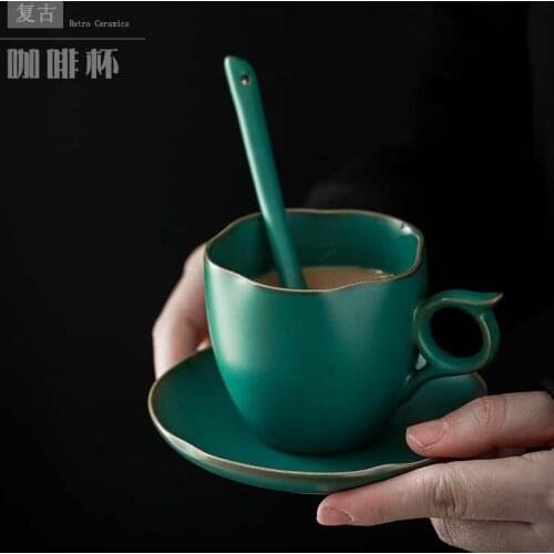 Japanese ceramic coffee cup with saucer trumpet simple retro coffee set afternoon tea breakfast cup ceramic mug