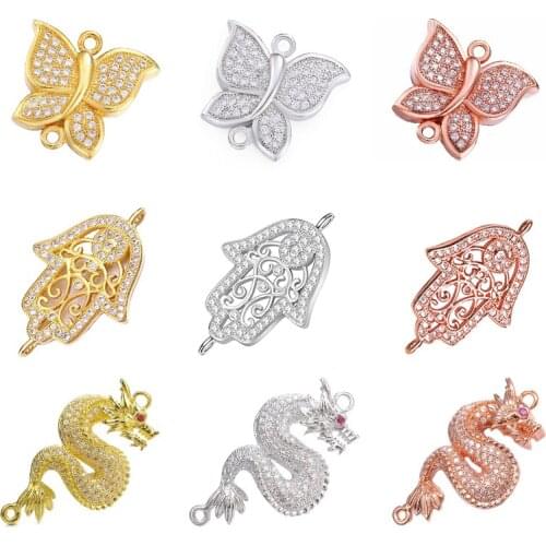 Juya Micro Pave Zircon Jewelry Findings Butterfly Dragon Hamsa Fatima Charms For DIY Talisman Charms Jewelry Making Accessories