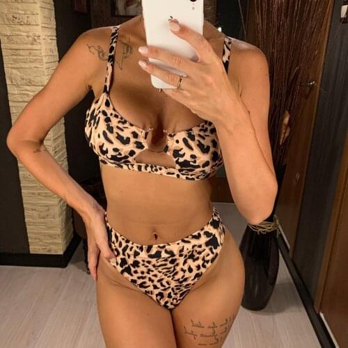 Women Leopard Bikini Set Swimming Twox Piece Swimsuits Hollow Out Print Striped Bathing Swimwear Beach Suit Biquini Female 2021