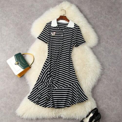 Casual Dress Women Summer 2021 New Preppy Style Stripes Turn Down Collar Short Sleeved Drawstring Mermaid Dress Above The Knees
