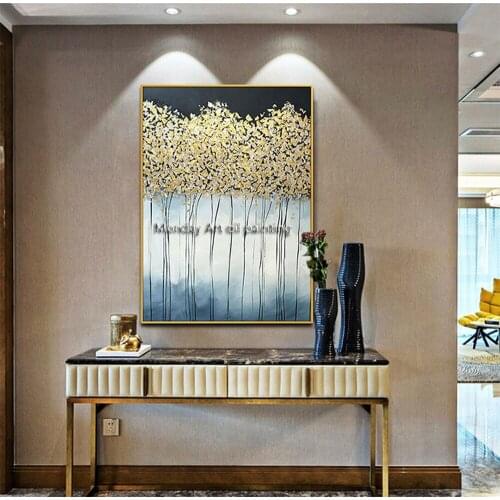 3D knife Canvas oil painting hand painted golden tree oil Painting on canvas wedding decoration Wall art Picture for living room