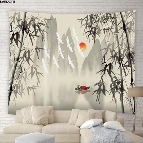 Chinese Big Tapestry Lake Landscape Bamboo Flowers Branches Background Wall Hanging Cloth Living Room Bedroom Curtain Home Decor