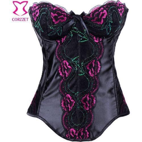 Black Satin Flower Embroidery Strapless Overbust Sexy Victorian Corset Top Gothic Corpete E Corseletes Espartilhos Women Corsage