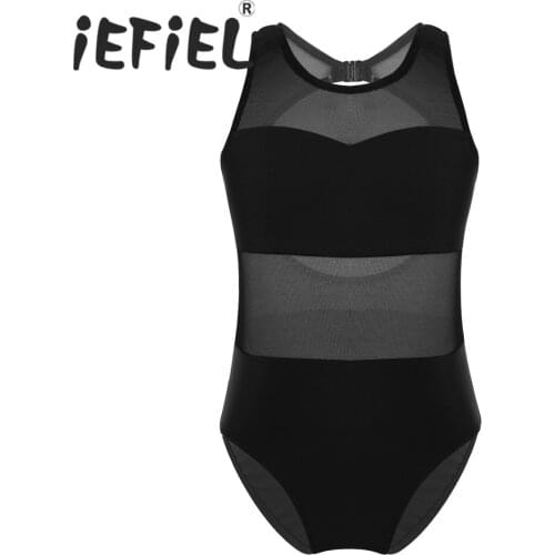 IEFiEL Girls Ballet Dancewear Children Mesh Splice Cutout Back Ballet Dance Gymnastics Leotard Jumpsuit for Stage Performance