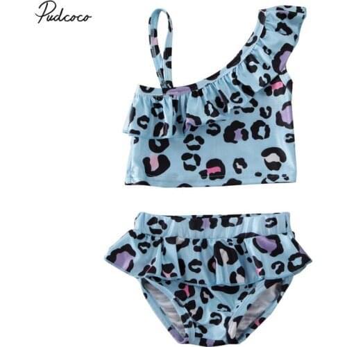 2020 Kid Baby Girls Leopard Swimwear Two Pieces Summer New One Shoulder Ruffle Top Shorts Set Bathing Swimming Costume Beachwear