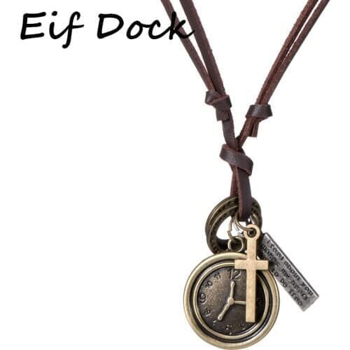Eif Dock 2020 Vintage Pendant Necklace Clock Shaped Bronze Antique Silver Color Retro Roman Numerals Leather Necklace