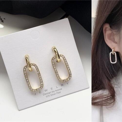Classic Hollow Square Rhinestone Metal Pendant Drop Earrings for Women Girls Teens Ear Jewelry Earrings 2021 Trend New Arrival