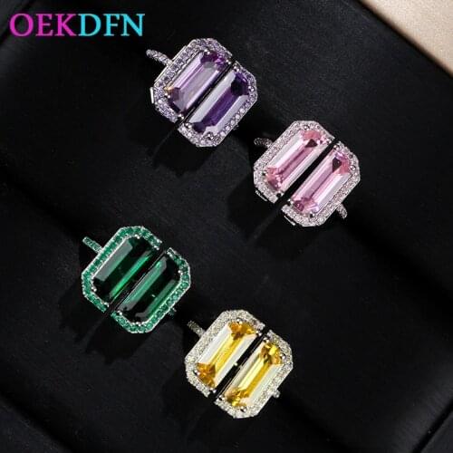 OEKDFN 100% 925 Sterling Silver Ring Women Emerald Pink Purple Citrine Sparking Zircon Wedding Engagement Jewelry Broken Rings