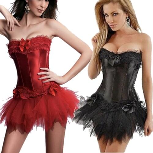 Dress Costume Black Corset Gothic Corsets Dress Satin Sexy Lingerie Lace Top + G-string + Skirt Bustier Mini Tutu Wedding