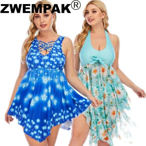 2021 Womens Bathing Suits Fantasy Starry Sky / Floral Print Large Ladies Swim Dress Summer Female Swimsuit Big 4XL Beachwear